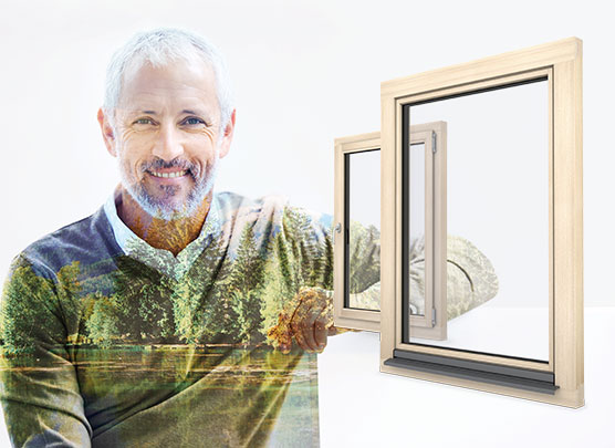 Spiegelung mit Mensch und Holzfenster