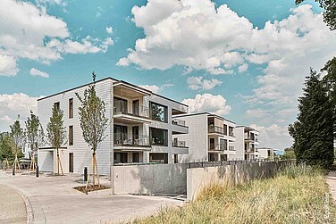Aussenaufnahme der Mehrfamilienhäuser "Residence Lueg" in Feldbrunnen, unter blauem Himmel, umgeben von Bäumen und trockenem Gras