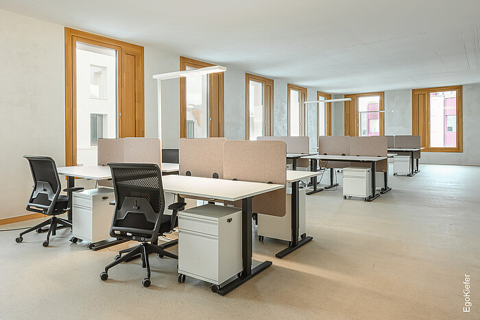 Foto dell'interno di un ufficio nei locali FlexOffice nell'edificio amministrativo e per uffici JED2226 a Schlieren. Nella foto sono visibili diverse finestre EgoKiefer in legno/alluminio EgoSelection con alette di ventilazione integrate.