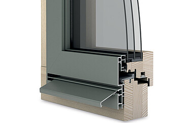 Angolo della finestra in legno/alluminio Ego<sup>®</sup>Allstar, vista dall’esterno estetica XL (incidenza massima della luce)