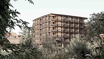 Immagine di scena, ripresa esterna del condominio “Francesco” nel giardino dei cappuccini del convento di Wesemlin a Lucerna