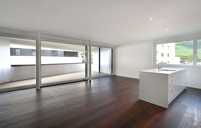 Photo d'intérieur, porte coulissante à levage visible, immeuble d'habitation Living Berneck