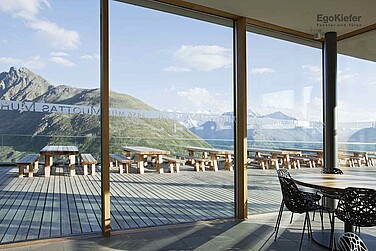 Innenaufnahme Bergrestaurant Muottas Muragl mit Sicht auf das Bergpanorama