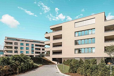 Aussenaufnahme, Mehrfamilienhäuser RIVAGE, Bottighofen, zwei Häuser sichtbar