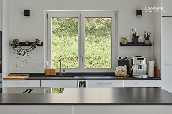 Vista interna dalla cucina della casa residenziale di Alchenstorf, da cui si vede il verde attraverso la finestra
