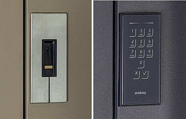 Bild eines Fingerscanners (links) und eines Keypads (rechts)