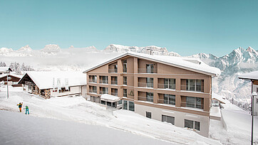Foto esterna del nuovo edificio sostitutivo dell'Hotel Tannenboden, Flumserberg, atmosfera invernale