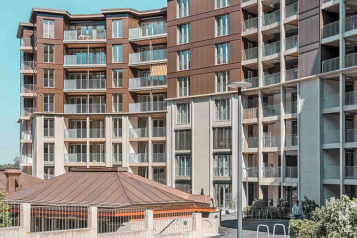 Vue extérieure, complexe résidentiel Guggach, Zurich