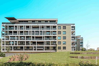 Aussenansicht der zwei Wohnhäuser Seemoosholz in Arbon, ausgestattet mit EgoKiefer EgoAllstar Holz/Aluminium-Fenstern und Hebeschiebetüren 