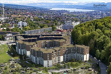 Vue aérienne, photo extérieure, lotissement résidentiel Guggach, Zurich