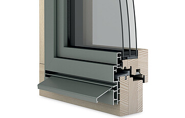 Coin de fenêtre bois/aluminium Ego<sup>®</sup>Allstar, vue extérieure, surfaces décalées
