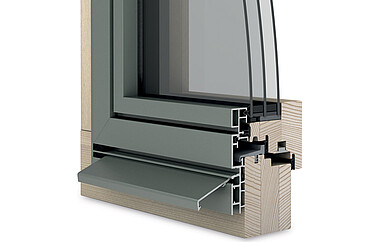 Angolo della finestra in legno/alluminio Ego<sup>®</sup>Allstar, vista dall’esterno a filo