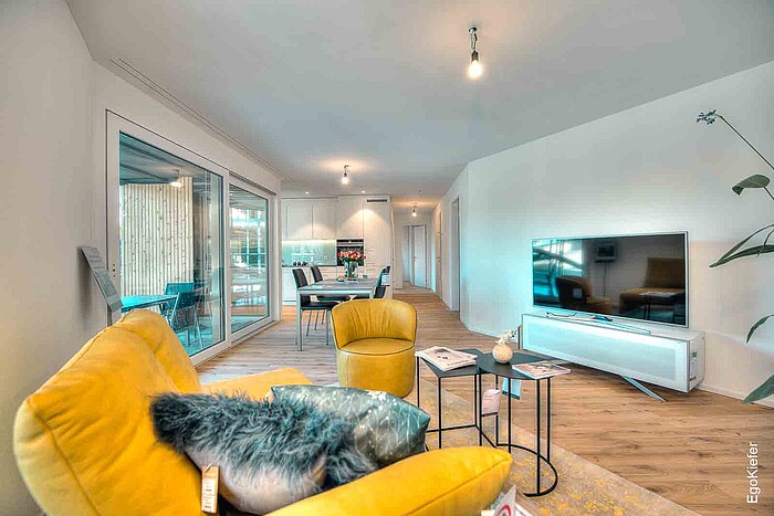 Neubau MFH Menzipark Widnau, Innenaufnahme, Wohnzimmer 