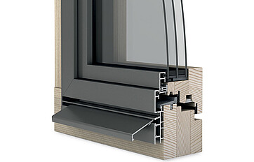 Angolo della finestra in legno/alluminio Ego<sup>®</sup>Selection, vista dall’esterno sfalsato