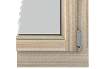 Angolo della finestra in legno Ego<sup>®</sup>Woodstar, vista dall‘interno con ferramenta visibile