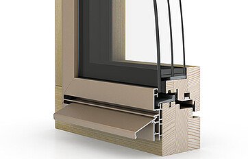 Angolo della finestra in legno/alluminio Ego<sup>®</sup>SelectioPlus, vista dall'esterna con senza telaio e vetro a sbalzo 