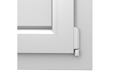 Angolo della finestra in PVC/alluminio Ego<sup>®</sup>Allround, vista dall’interno con ferramenta visibile