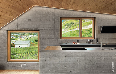 Einfamilienhaus (Villa) Goilly, Fully, Innenaufnahme Holz/Alu-Fenster EgoSelection mit verdeckten Beschlägen