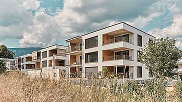 Aussenaufnahme der drei Mehrfamilienhäuser "Residence Lueg" in Feldbrunnen