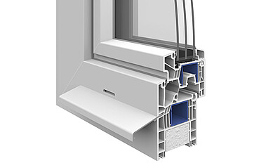 Angolo della finestra in PVC Ego<sup>®</sup>Allround, vista dall’esterno, parzialmente sfalsato