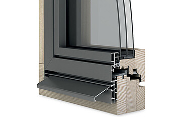 Angolo della finestra in legno/alluminio Ego<sup>®</sup>Selection, vista dall’esterno a filo