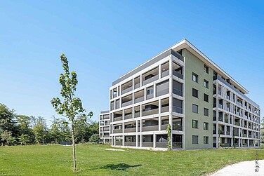 Aussenansicht eines Wohnblocks Seemoosholz in Arbon, mit EgoKiefer Holz/Aluminium-Fenstern EgoAllstar verbaut