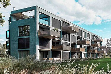 Aussenaufnahme eines Mehrfamilienhauses der Wohnüberbauung Zihl Nidau 