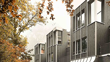 Image de scène, parc Freienstein à Glaris, quatre maisons mitoyennes modernes avec fenêtres EgoAllstar en bois/aluminium d'EgoKiefer