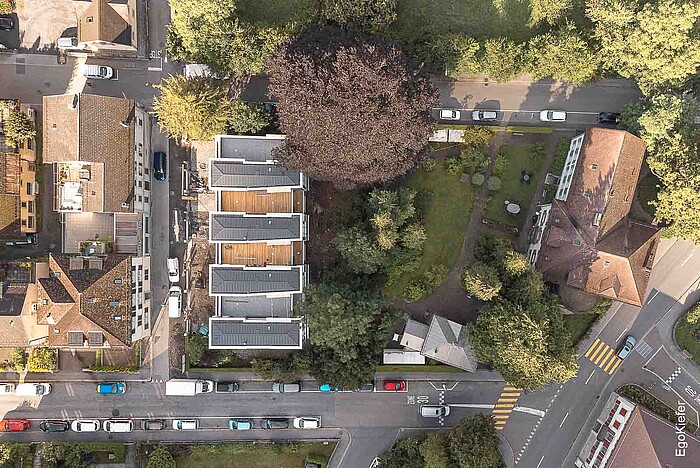 Vista aerea del Parco Freienstein, Glarona, con quattro nuove case a schiera, la Villa Freienstein e studio