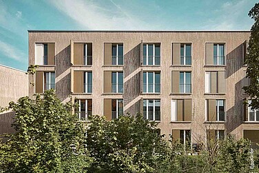 Frontale Sicht eines Mehrfamilienhauses des Neubaus Huebergasse in Bern mit EgoKiefer Kunststoff-Fenstern EgoAllround
