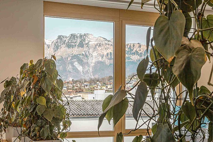 Innenaufnahme eines Holz/Aluminium-Fensters, wunderschöne Sicht auf das Bergpanorama