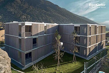 Aussenaufnahme des Wohnhauses "Residenza al Sasso" in Lumino, mit EgoKiefer Holz/Alumnium-Fenstern EgoAllstar