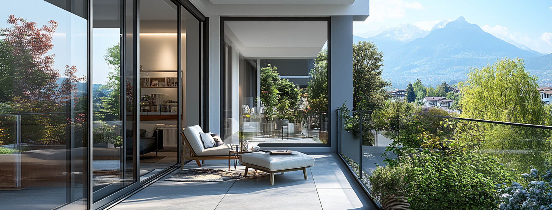 Moderne Terrasse mit Blick auf eine grüne Landschaft und Berge im Hintergrund