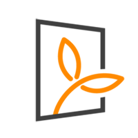 Stilisiertes Fenster mit orangefarbenem Blatt als Symbol für Nachhaltigkeit